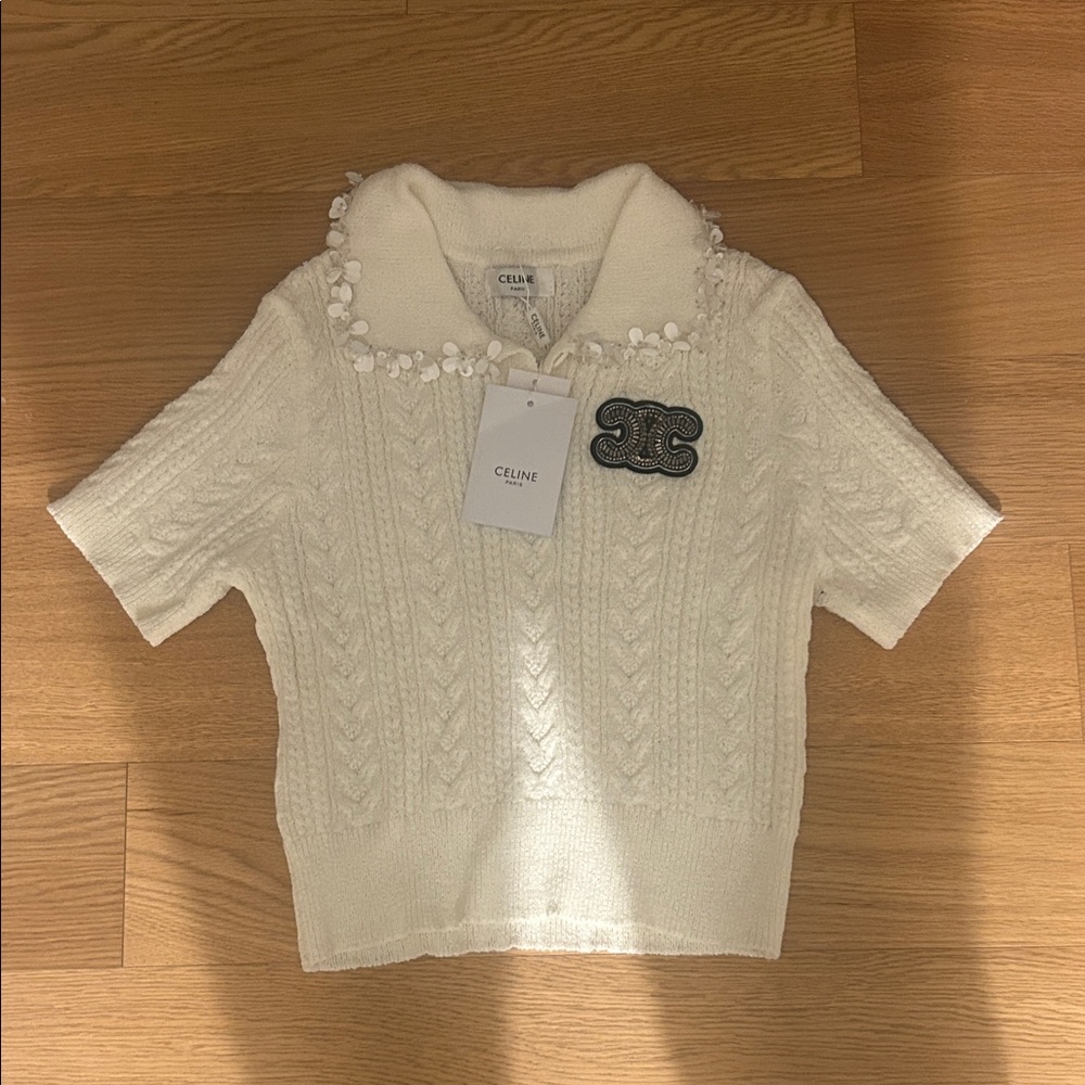 CELINE Cream Cable-Knit Short Sleeve Polo with Floral Trim